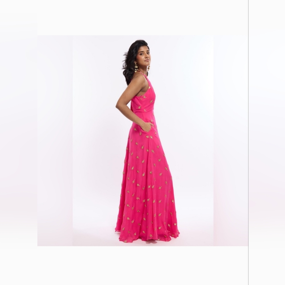 Sani Elegant Pink Floor-Length Dress With Floral Embroidery